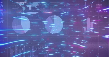 Displaying neon data streams moving across dashboard, with pie charts and world map overlay