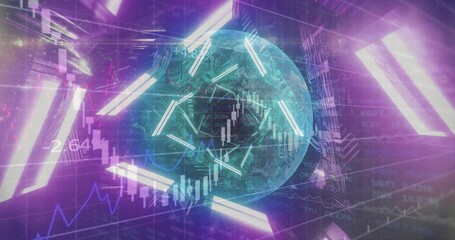 Rotating globe projecting network lines in cyber finance interface, with neon bars and line graphs
