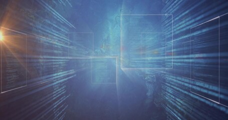 Glowing central translucent panel floating in digital space, with code streams and light flare