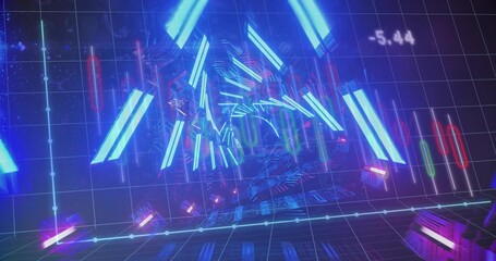 Shining neon tunnel receding into 3D grid, displaying bars, triangles, candlestick charts and -5