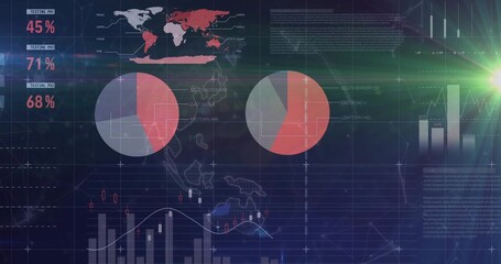 Displaying two pie charts over grid on overlay, with world map percentages and lens-flare