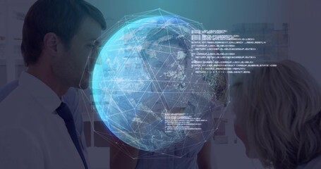 Leaning lab scientists examining Earth hologram in research lab, with scrolling code snippets