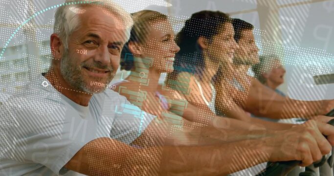 Exercising six adults using cardio machines at fitness studio, with digital overlays, copy space