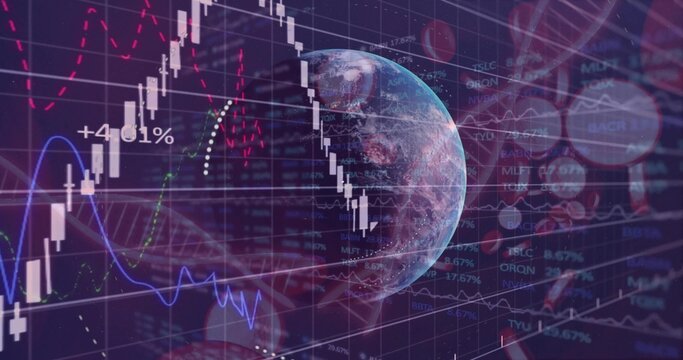 Naklejki Displaying semi-transparent Earth globe over data grid, with candlestick charts and DNA helix