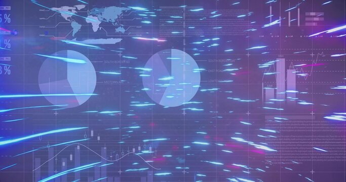 Displaying neon data streams moving across dashboard, with pie charts and world map overlay - Powered by Adobe