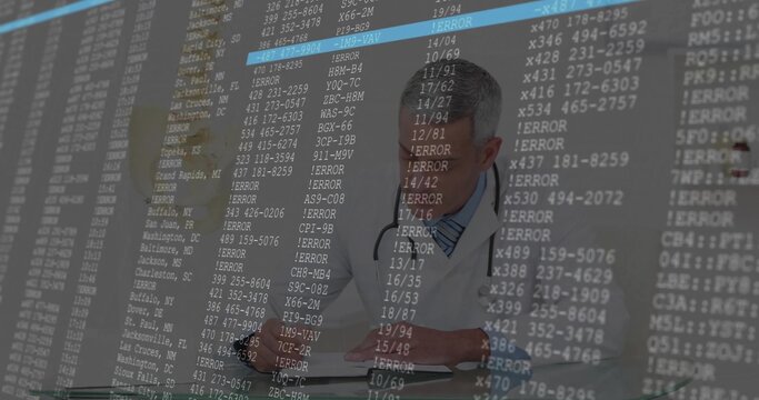 Examining doctor wearing lab coat and stethoscope charting at clinic, with data overlay, copy space