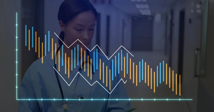 Walking nurse in blue scrubs reviewing chart in ward corridor, with stethoscope, digital overlay