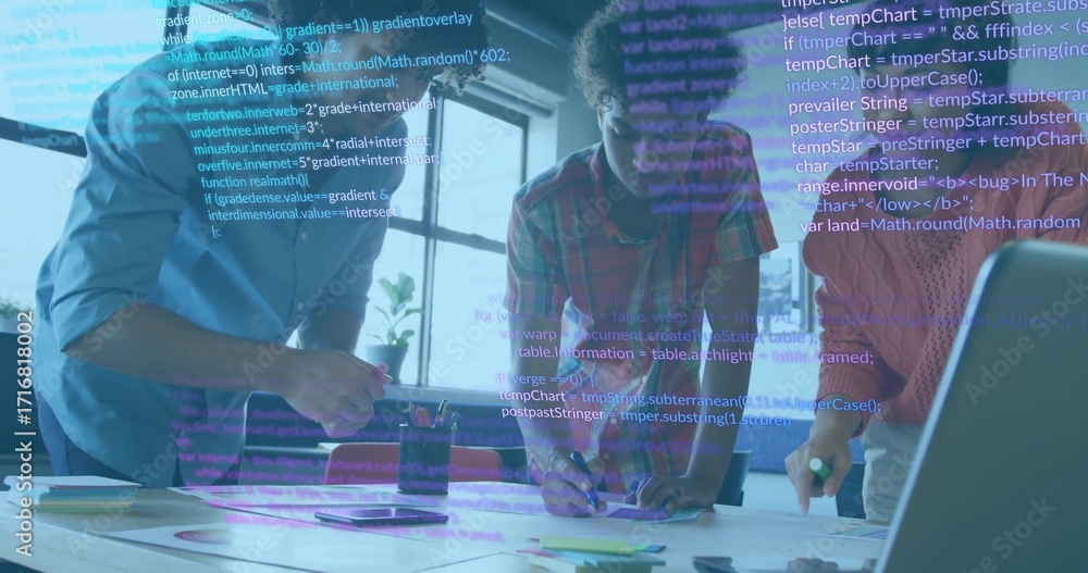 Aufkleber collaborating software developers reviewing code on laptop at office desk, with pens, code overlay