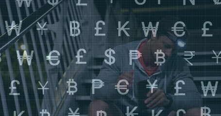 Resting fit man wearing headlamp holding water bottle on dim metal stairs, currency symbols overlay