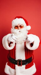 Santa Claus with Hipster Sunglasses: A jovial figure, reimagined with stylish sunglasses, is pointing towards the viewer with a whimsical backdrop, embodying the spirit of Christmas in a modern.