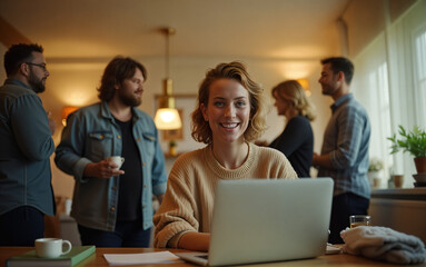 Fototapeta premium Smiling woman working on laptop in cozy home office, blurred friends chatting in background; warm, friendly atmosphere.