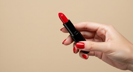 Close-up of a woman's hand holding a black lipstick tube, vibrant red lipstick at the tip, soft beige background, soft diffuse lighting highlighting glossy textures, elegant composition.