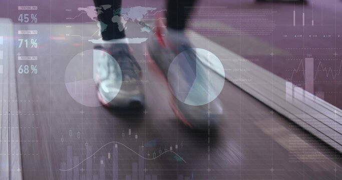 Moving feet wearing shorts and red sneakers on treadmill belt and frame, with digital data overlays - Powered by Adobe