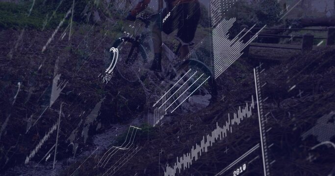 Navigating forest trail under heavy rain on muddy bike while wearing helmet pack with digital HUD