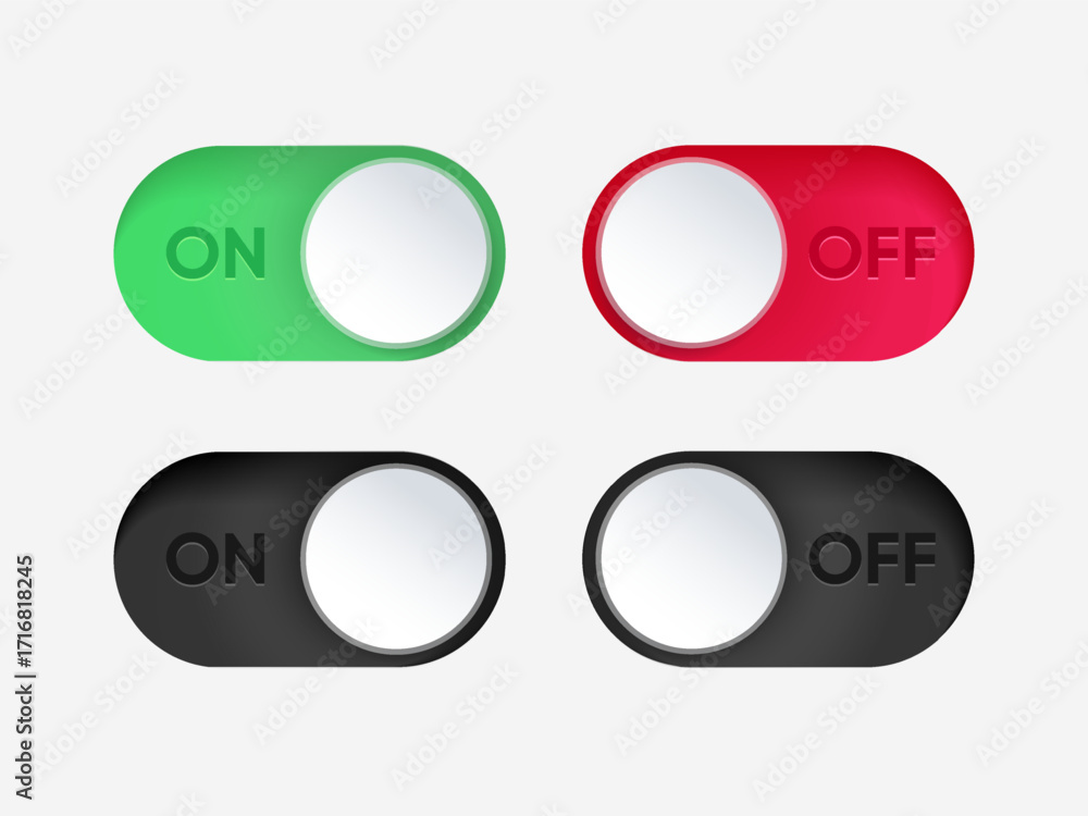 Poster 3d on and off toggle switch icons. switch toggle buttons on off. material design switch buttons set.