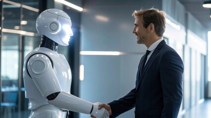 Businessman shaking hands with glowing humanoid ai robot in modern office symbolizing future collaboration between human and ai in business