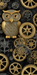 Obraz premium An owl perched amidst intricately detailed gears, gold and grey on black