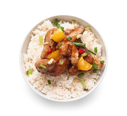 Delicious sweet and sour chicken with rice in bowl isolated on white background