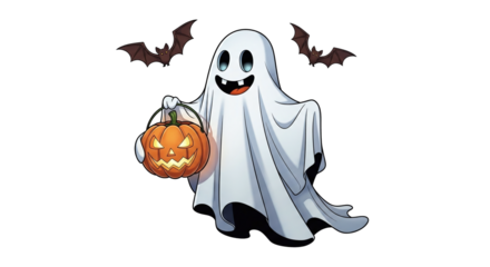 Cartoon Ghost in Halloween Costume with Jack-o'-lantern, isolated on transparent background