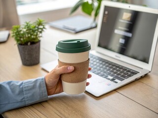 Hand holding reusable coffee cup at office desk with laptop and plant in background - closeup view of sustainable choices in a modern workspace