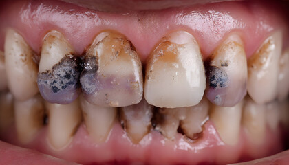 A shocking close-up of a mouth with severe tooth decay, cavities, and staining, illustrating the effects of poor dental hygiene