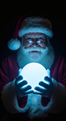 Santa's Mystical Gaze: Santa Claus, depicted with his iconic hat and glasses, holds a glowing orb, casting a magical aura in a captivating portrait. Enchantment and wonder fill the scene.