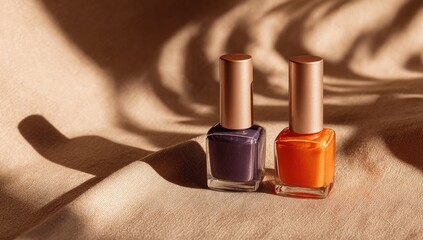 Nail polish duo, sunlit fabric, tropical shadow, beauty ad