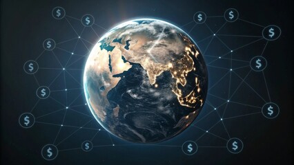 Fototapeta premium Global economy dynamics illuminated earth globe surrounded by currency icons digital finance environment international trade concept