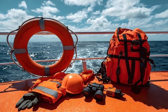 Safety equipment on a boat deck including a life ring, life jackets, gloves, backpack, and binoculars with the ocean and blue sky in the background. Concept of maritime safety, rescue, and travel.