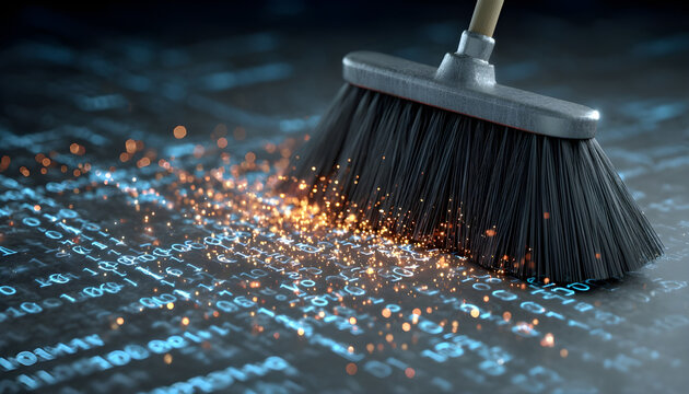 Broom sweeps digital data, cleaning floor with binary code. Concept of tech cleanup, system maintenance, and virus removal in cyberspace. Bright sparks suggest innovation and data security solutions