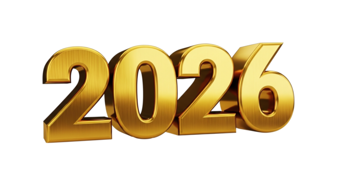 Gold 2026 in 3D Style with Brushed Metal Texture, isolated on transparent background