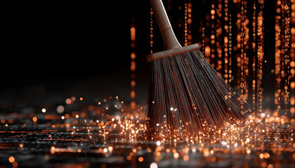 Broom sweeps digital data, cleaning floor with binary code. Concept of tech cleanup, system maintenance, and virus removal in cyberspace. Bright sparks suggest innovation and data security solutions