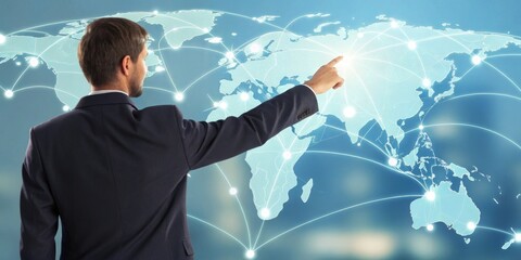 Businessman pointing at glowing holographic world map with network lines connecting major cities digital environment global connectivity concept
