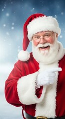 Joyful Gaze of Holiday Cheer: Capturing the essence of Christmas, the man in the red suit, with a jolly expression and a welcoming gesture, a portrait of joy, anticipation, and festive spirit.