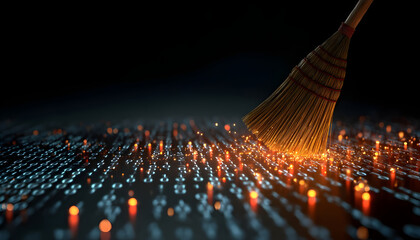 Broom sweeps digital data, cleaning floor with binary code. Concept of tech cleanup, system maintenance, and virus removal in cyberspace. Bright sparks suggest innovation and data security solutions