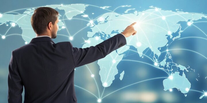 Businessman pointing at glowing holographic world map with network lines connecting major cities digital environment global connectivity concept - Powered by Adobe