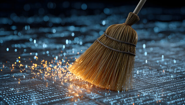 Broom sweeps digital data, cleaning floor with binary code. Concept of tech cleanup, system maintenance, and virus removal in cyberspace. Bright sparks suggest innovation and data security solutions