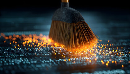 Broom sweeps digital data, cleaning floor with binary code. Concept of tech cleanup, system maintenance, and virus removal in cyberspace. Bright sparks suggest innovation and data security solutions