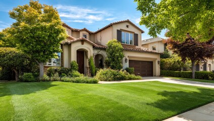 Suburban home with manicured lawn and landscaping