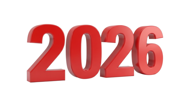 2026 in 3D Red Numbers isolated on transparent background - Powered by Adobe