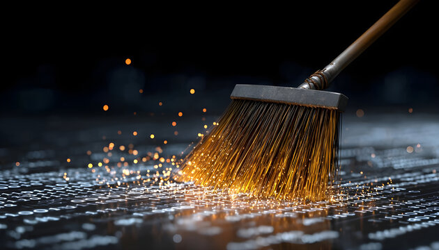 Broom sweeps digital data, cleaning floor with binary code. Concept of tech cleanup, system maintenance, and virus removal in cyberspace. Bright sparks suggest innovation and data security solutions