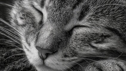 Close-up black and white photo of a sleeping tabby cat