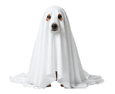 Dog in Ghost Costume with White Sheet, isolated on transparent background