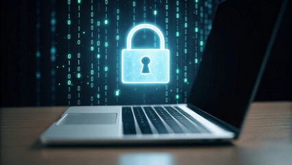 Enhancing data security and privacy glowing padlock icon above laptop keyboard surrounded by holographic binary codes in a futuristic digital environment