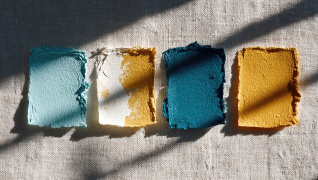 Teal, yellow, white paint swatches on linen, sunlight - Powered by Adobe