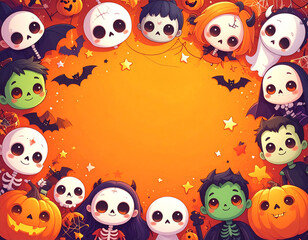 Fototapeta premium Adorable Cartoon Halloween Frame - Cute Skulls, Ghosts, Monsters, and Pumpkins Border a Vibrant Orange Background for Festive Designs.