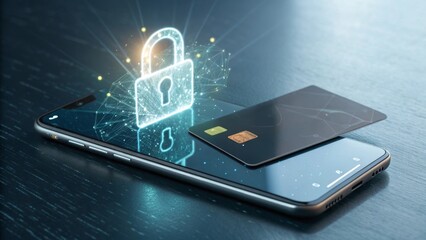Enhancing digital financial safety smartphone with glowing lock and credit card hologram in secure online payment environment