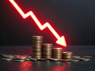Economic downturn stack of coins collapsing under glowing red arrow signifying financial crisis in a dark environment