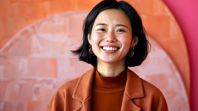 Radiant Smile and Optimism: A portrait captures a young woman's genuine smile, radiating warmth and joy. Her friendly gaze and confident poise embody authentic optimism and a zest for life. 