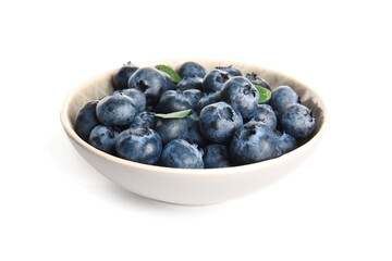 Bowl of ripe blueberry on white background, closeup